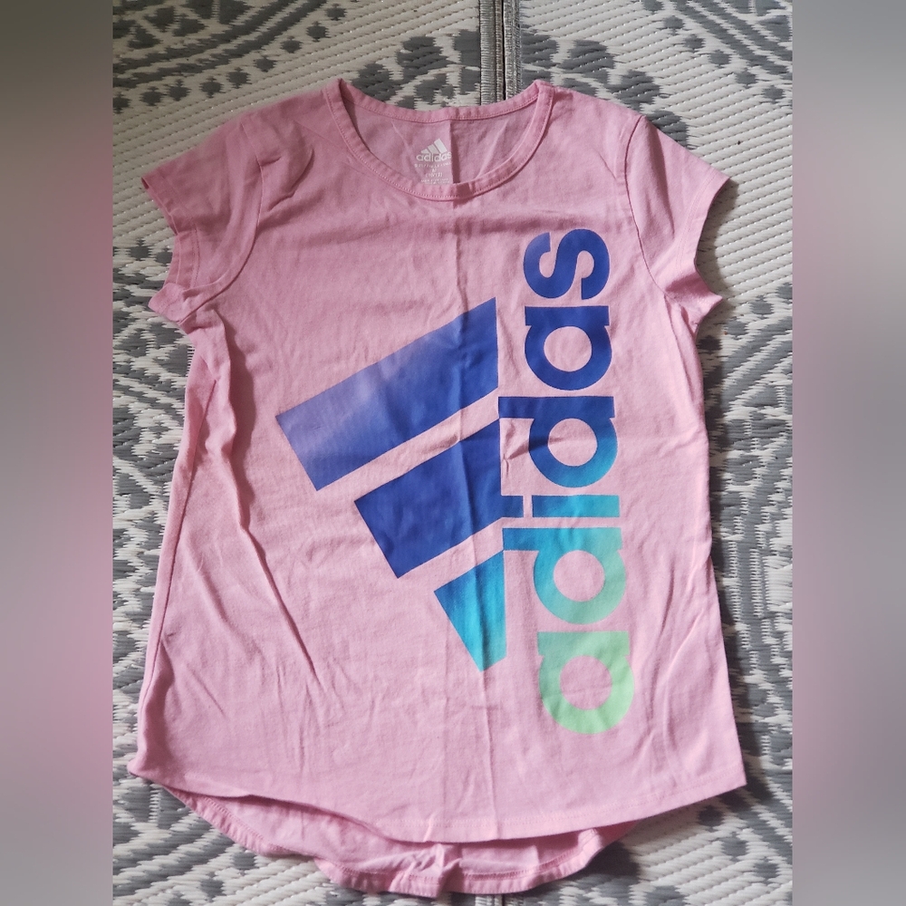 Adidas Pink and Blue Graphic Short Sleeve Tee Girls Size M 10/12